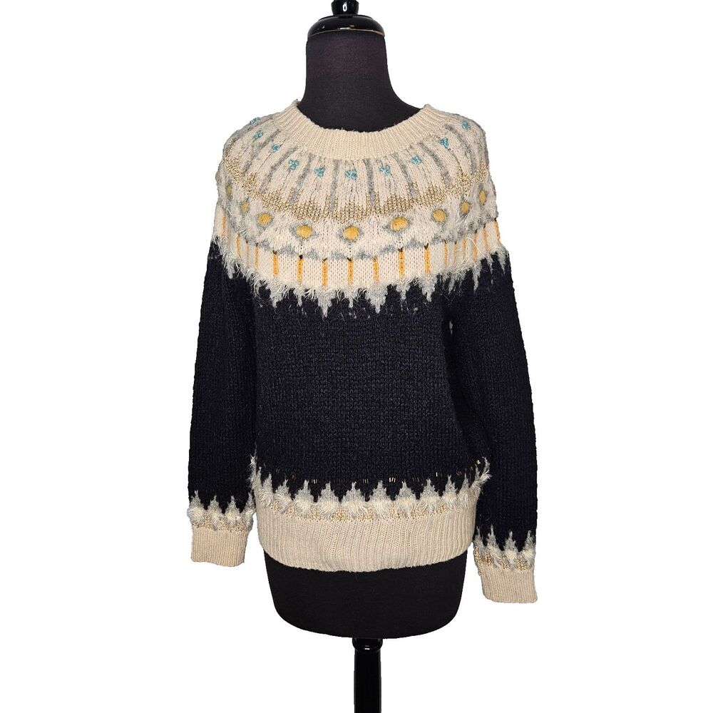 Anthropologie Sleeping on Snow Fair Isle Wool Blend Sweater Small Whimsical